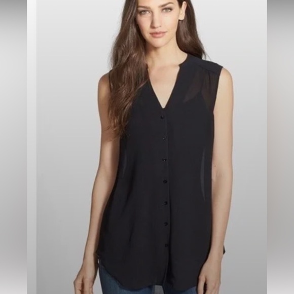 Eileen Fisher Tops - Eileen Fisher Black Sleeveless Silk V-Neck Button Front Top
